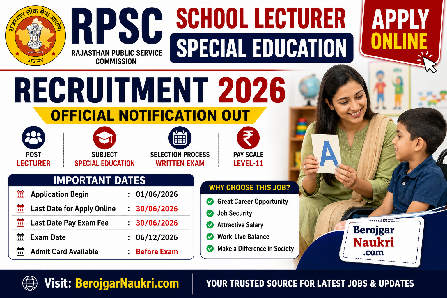 RPSC School Lecturer Special Education Recruitment 2026 Notification Summary