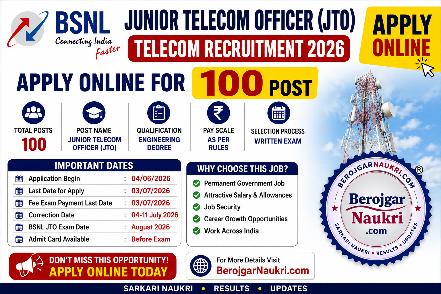 BSNL Junior Telecom Officer Telecom Recruitment 2026 | Apply Online for 100 Post Notification Summary