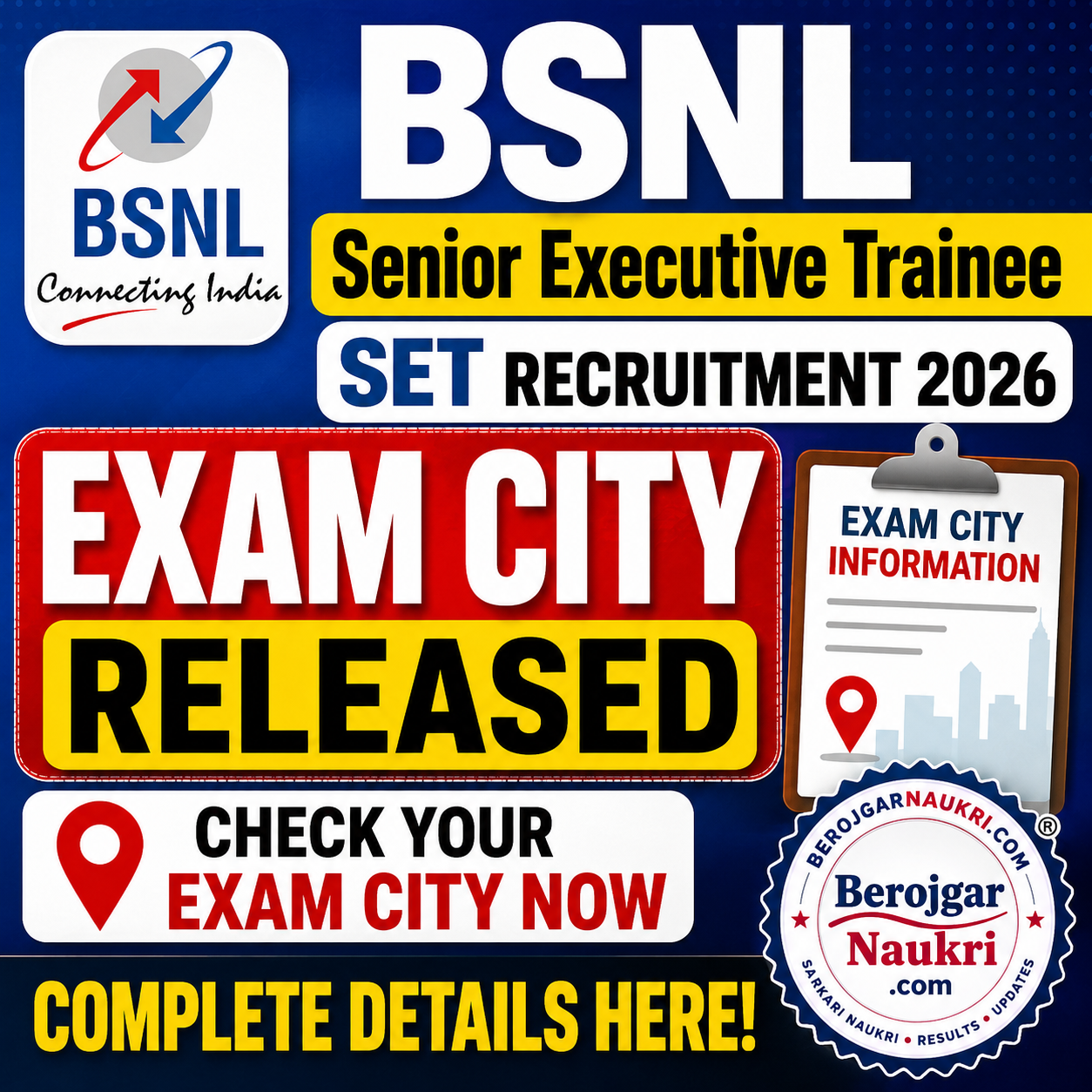 BSNL Senior Executive Trainee SET Recruitment 2026 Exam City Notification Summary