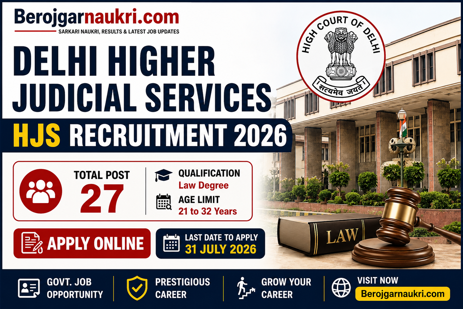 Delhi Higher Judicial Services HJS Recruitment 2026 Apply Online for 27 Post Notification Summary